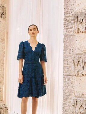NWT Cartolina Nantucket Navy Blue Cotton Eyelet Scalloped Trim Mini Dress. Sz. S
